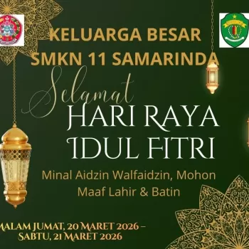 SMKN 11 MENGUCAPKAN MINAL AIDIN WAL-FAIZIN MOHON MAAF LAHIR 